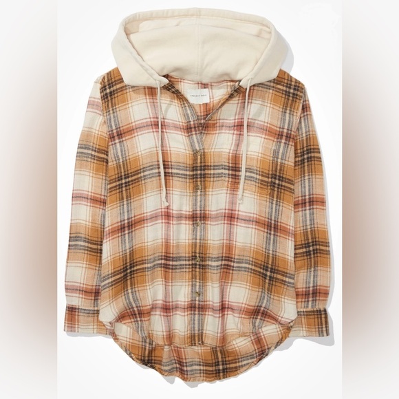American Eagle Outfitters Tops - American Eagle Outfitters Plaid Flannel Hooded Shirt, OVERSIZED, size small